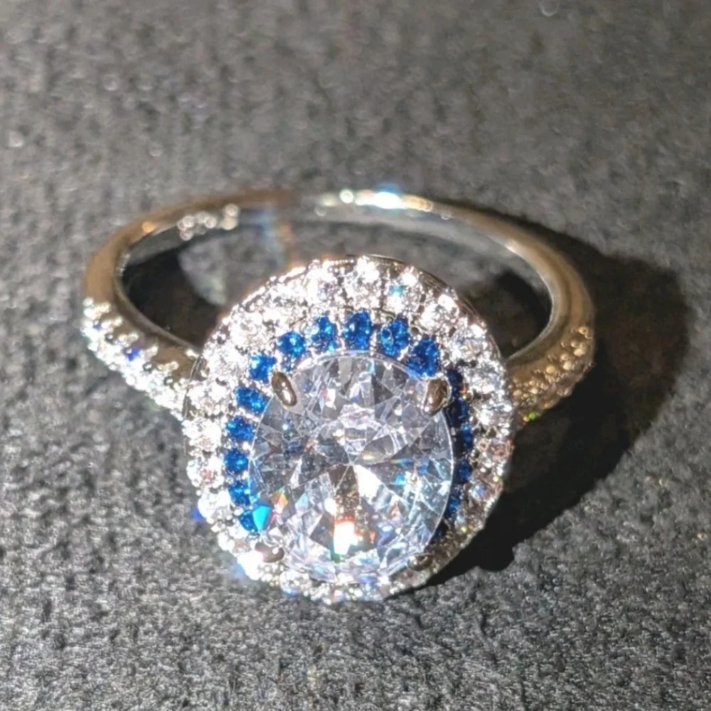 3Ct 925 Silver Oval Cut Blue Halo White Diamond Simulated Engagement Ring  Sz 10